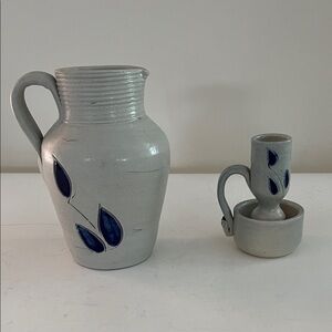Williamsburg Pottery Ceramic Pitcher and Candle Holder Set - Blue Leaf Motif
